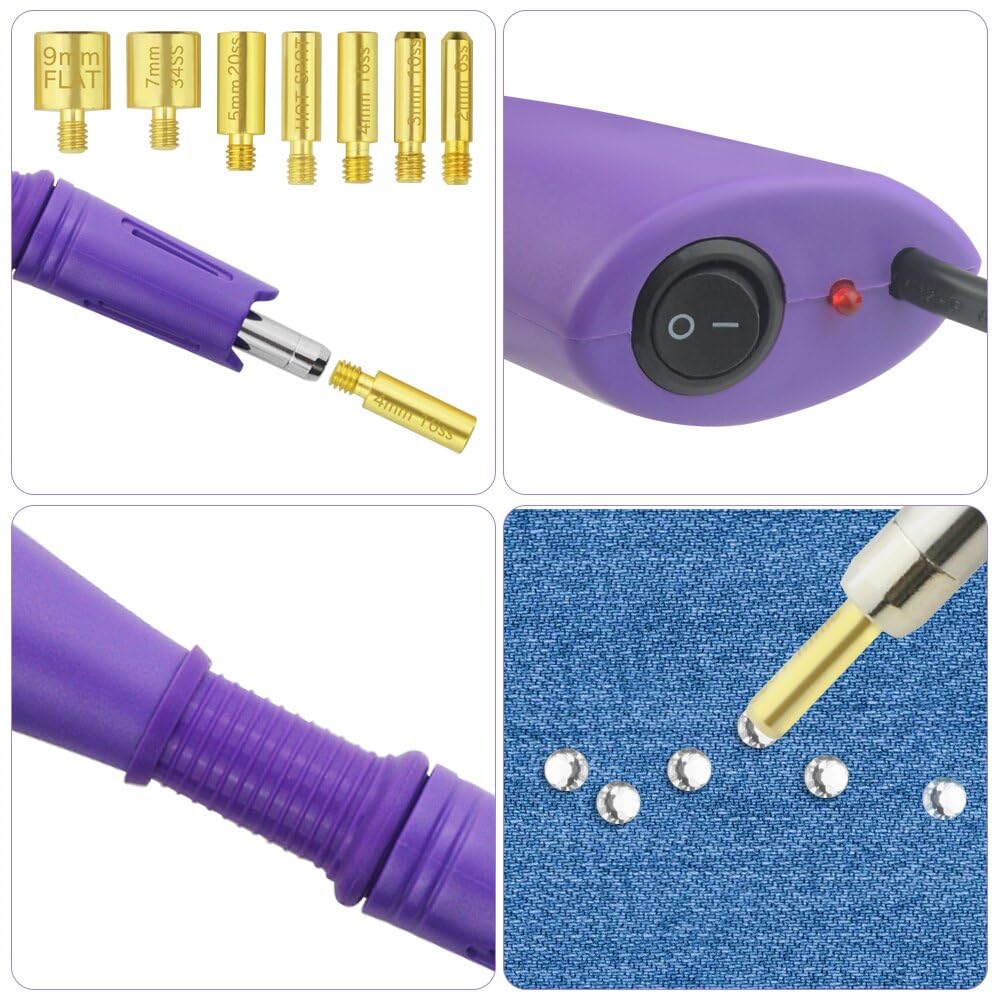 XINMEIWEN Hot fix Applicator Tool with Rhinestone DIY Wand Setter Tool Kit Including 7 Different Sizes Tips Tweezers & Brush Cleaning Kit and 3 Pack Hot-Fix Crystal Rhinestones (Purple)