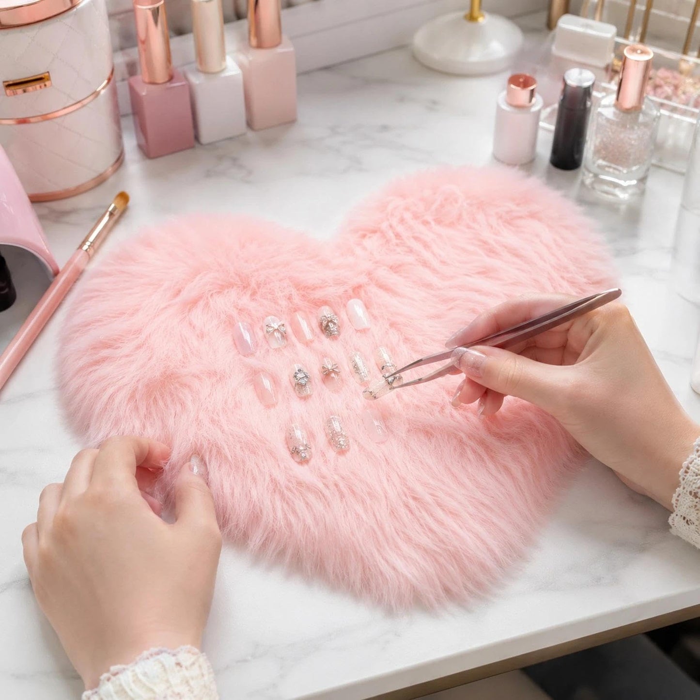 LOGOFUN Nail Background Mat for Pictures Faux Fur Nail Mat for Pictures Heart Shaped Fluffy Nail Cushion for Nail Display Photography - Pink (19.65X17.29X0.39in)