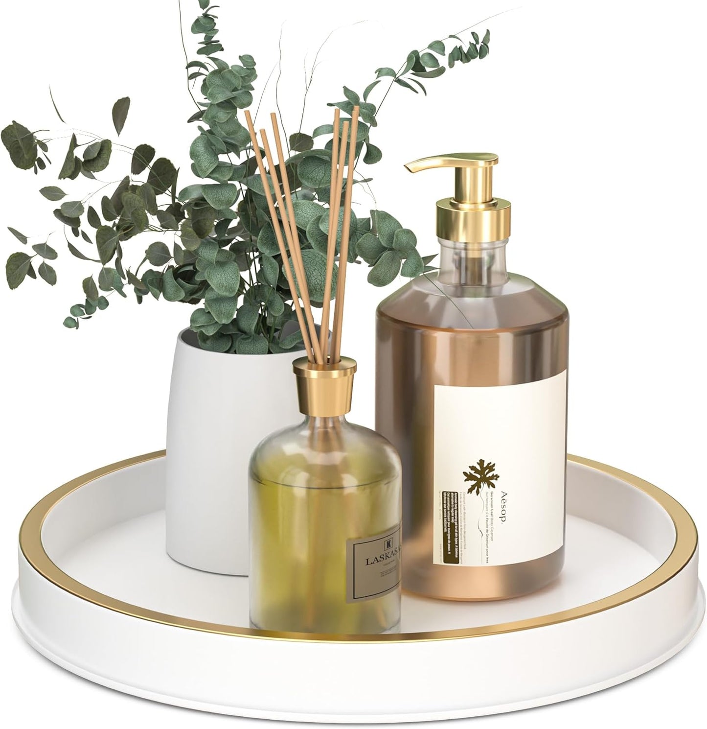 HGF Bathroom Vanity Tray, 10 Inch Lightweight Metal Round Decorative Tray for Kitchen Counter, White Brushed Gold