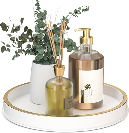 HGF Bathroom Vanity Tray, 10 Inch Lightweight Metal Round Decorative Tray for Kitchen Counter, White Brushed Gold