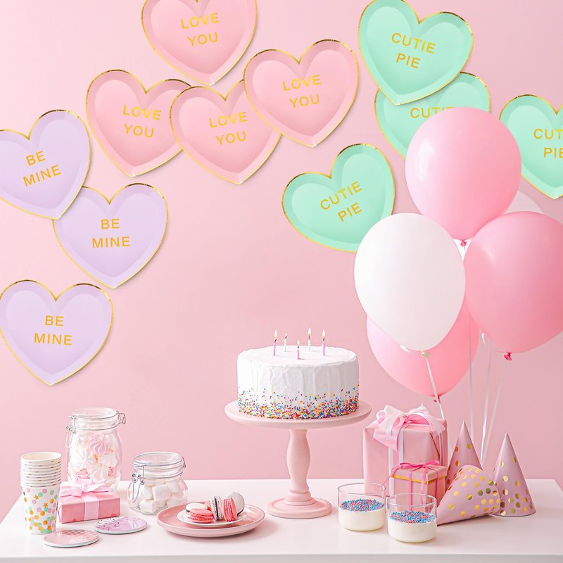 Suclain 36 Pcs Valentine's Day Heart Paper Plates 9 Inch Valentines Conversation Heart Shaped Paper Plates Disposable Candy Tableware Dinnerware for Galentine Party Favors Gifts (Green,Purple,Pink)