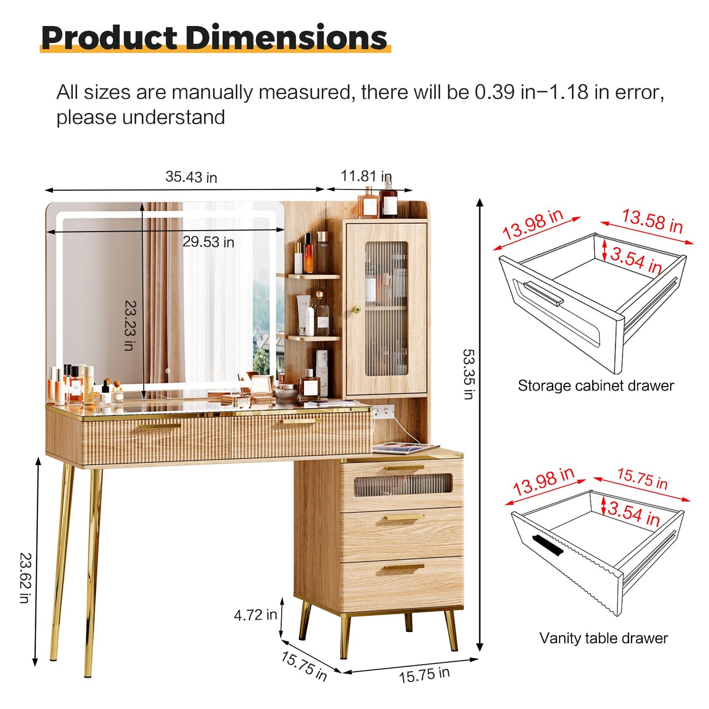 Arulvmrn Vanity Desk with Mirror and Lights, with Power Outlet and 10 Lights Modern Capacity Makeup Vanity with 3 Drawers, Makeup Table for Bedroom,Makeup Room,White