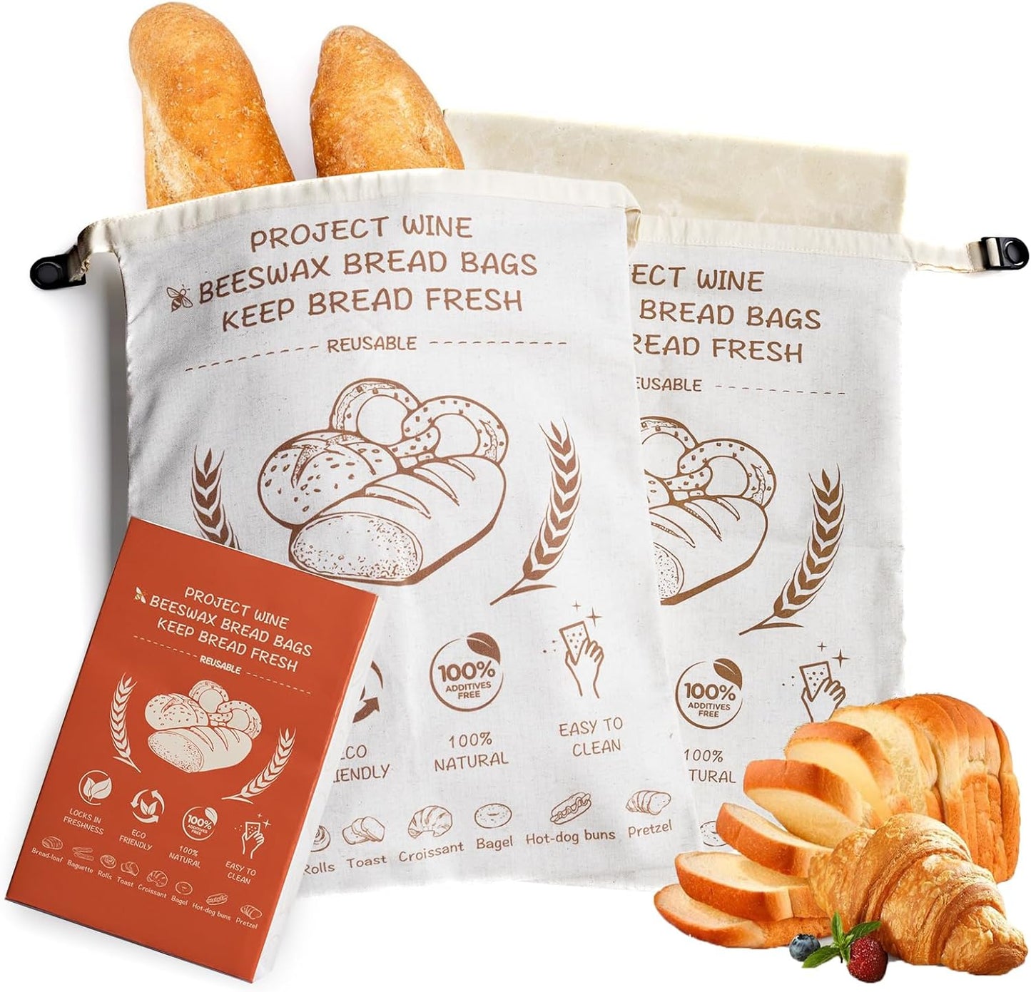 17x13 Inch Design2 Pack Beeswax Bread Bags for Sourdough & Homemade Bread - Reusable Natural Cotton Bees Wax Bags