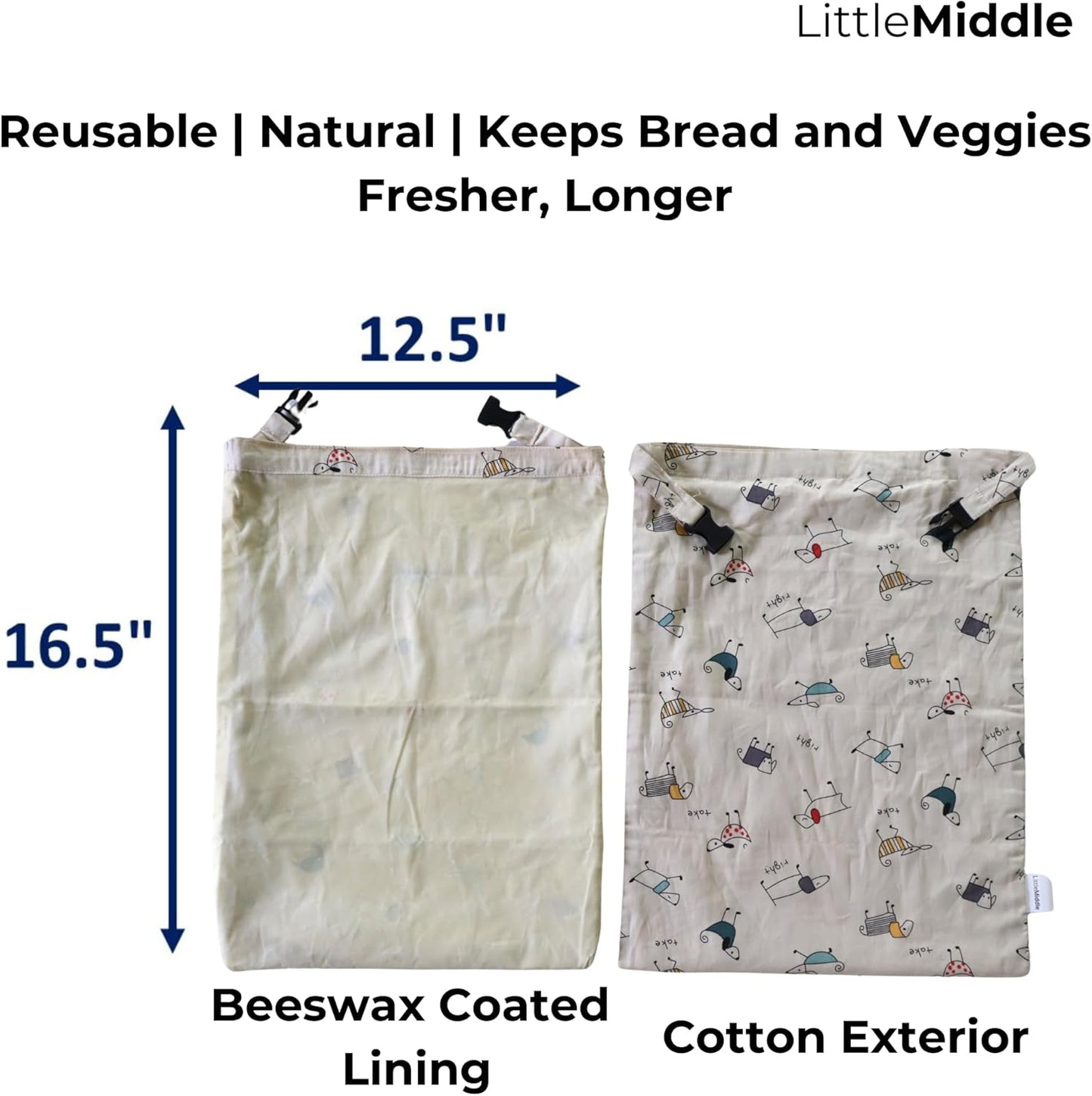 2 12.6" 16.7" XL Beeswax Bread Bags for Homemade Bread, Reusable Cotton and Beeswax Storage for Sourdough or Artisan