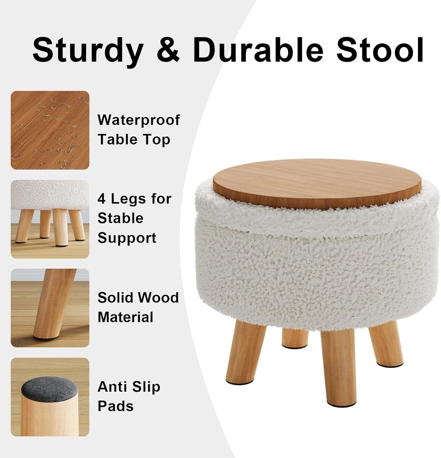 WBKATN Small Ottoman Footrest, White Boucle Foot Stool, Round Pouf Ottoman with Storage, Teddy Velvet Foot Rest
