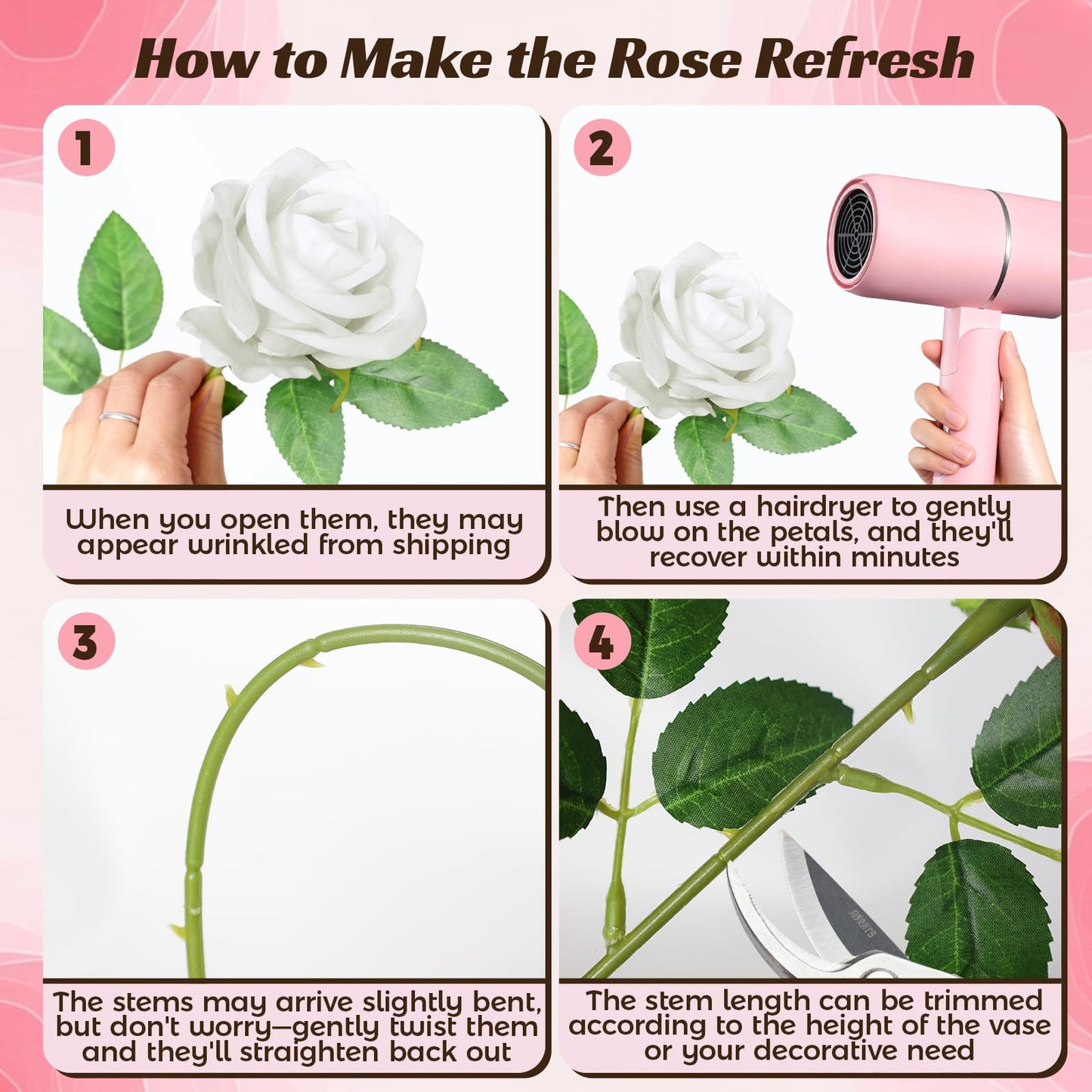 jabeick 50 Pcs Fake Roses White Artificial Flowers Bulk, Faux Velvet Silk Rose Bouquet with Long Stems Real Look for Wedding Party Centerpieces Vases Decor