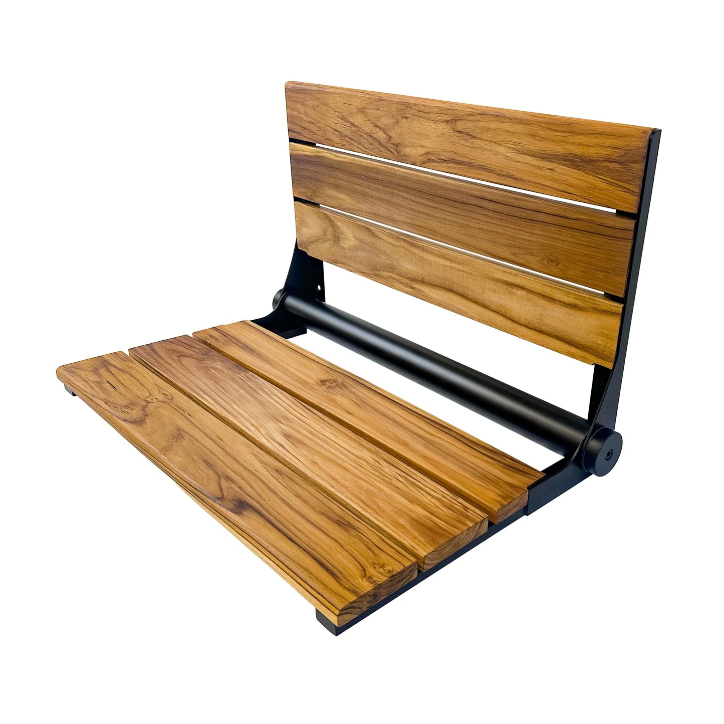 Teak Shower Seat Bench with Back - Wall Mounted Fold Up Shower Seat, Waterproof Folding Teak Bath Chair for Seniors, 304 Stainless Steel Frame, with 300 lbs Capacity - 24" Length, Matte Black