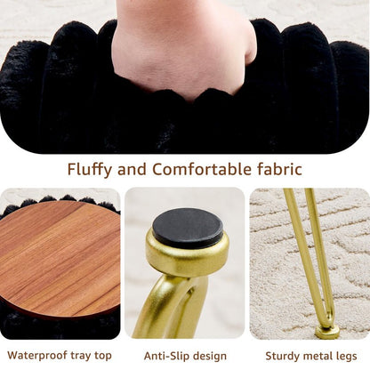Wimarsbon Vanity Stool with Storage, Faux Fur Ottoman Chair with Metal Legs, Round Makeup Vanity Chair for Bedroom or Dressing Table, Modern Small Ottoman Seat (Black)
