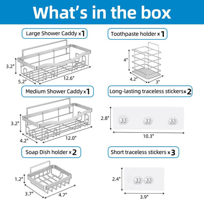 Shower Caddy, Rustproof Bathroom Shower Organizers [5-Pack] with Adhesive Shelves, Soap Caddy & Toothbrush Holder