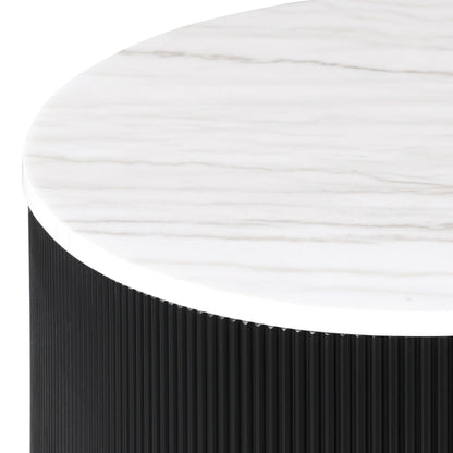 Furniture of America Beryl Modern Round White Genuine Marble Top Coffee Table with Fluted Pedestal Base and Gold Stainless Steel Accent, Low Profile Table for Living Room, Home Office, Black
