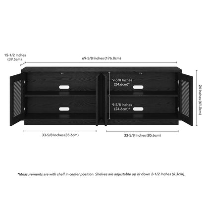 Henn&Hart TV Stand for TVs up to 78" with 2 Concealed Storage Cabinets, Rattan Insert Detailing, and Adjustable Shelves for Living Room, Family Room, or Office, Natural Black