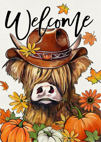 Welcome Fall Highland Cow Decorative Garden Flag, Autumn Farm Animal Pumpkin Maple Leaves Yard Decor 12 x 18