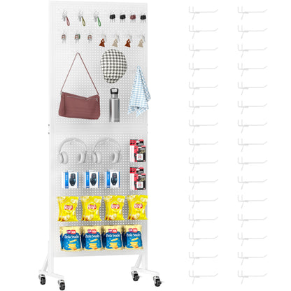 Folews Metal Peg Board Display Stand 24″ x 70″, Freestanding Pegboard Organizer with Wheels & 30 Hooks, Portable Rolling Pegboard Display Rack for DIY Retail Craft Fair Garage Display & Storage, White