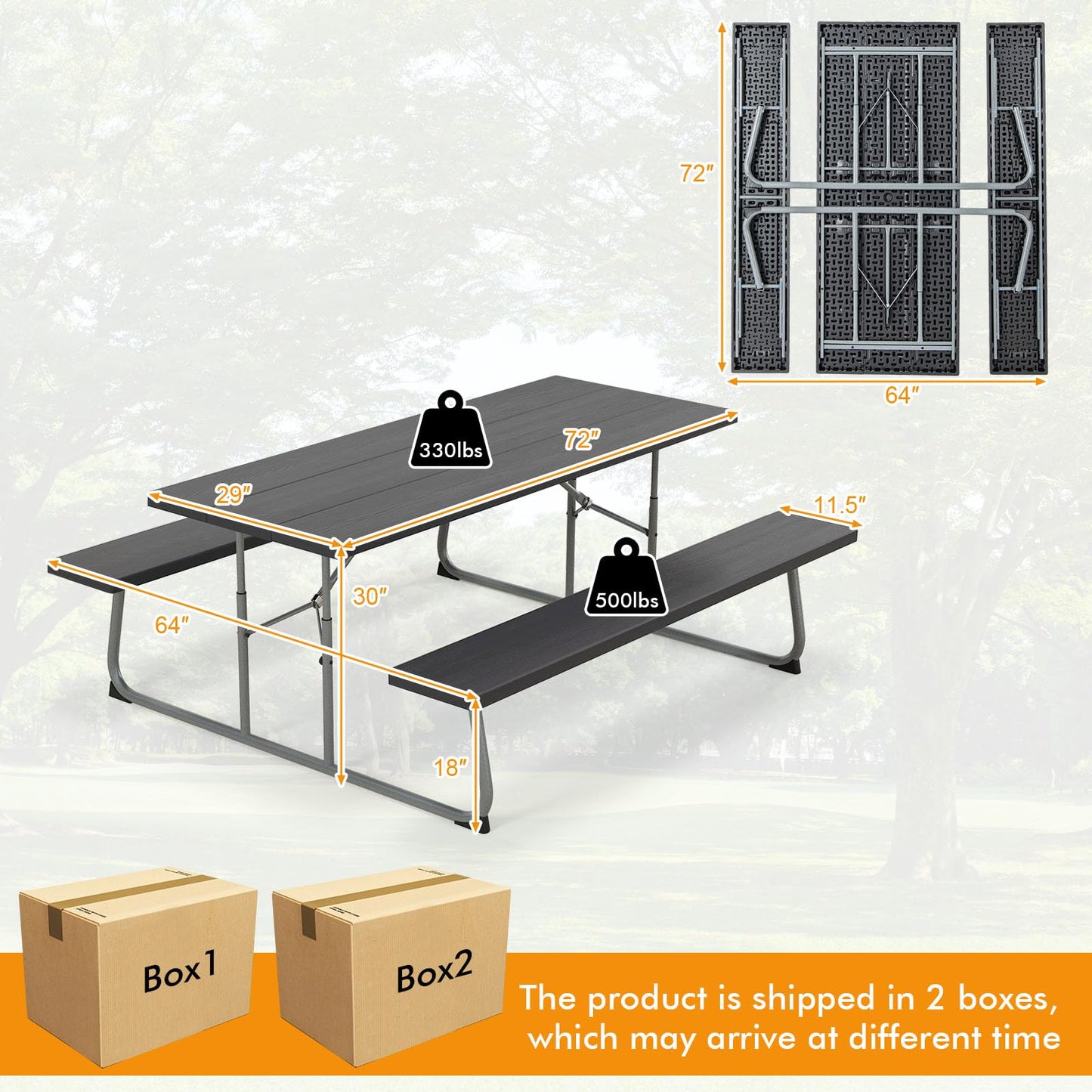 Tangkula 6 Ft Folding Picnic Table, Outdoor 8 Person Large Picnic Table Set with 2 Built-in Benches, Umbrella Hole, Metal Frame & HDPE Tabletop for Garden, Backyard (Black)