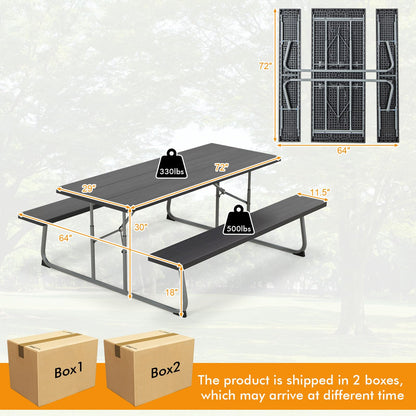 Tangkula 6 Ft Folding Picnic Table, Outdoor 8 Person Large Picnic Table Set with 2 Built-in Benches, Umbrella Hole, Metal Frame & HDPE Tabletop for Garden, Backyard (Black)