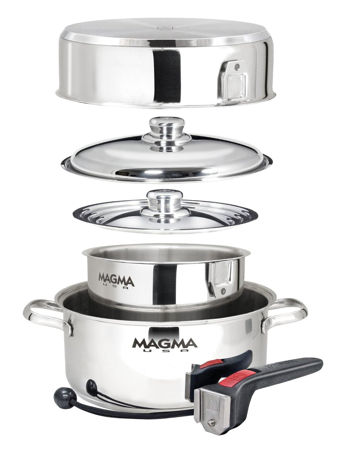 Magma 7 Piece Gourmet Nesting Stainless Steel Cookware Set, Induction Compatible, Oven Safe to 500°F - Suitable for All Stovetops, Removable Handles, Black