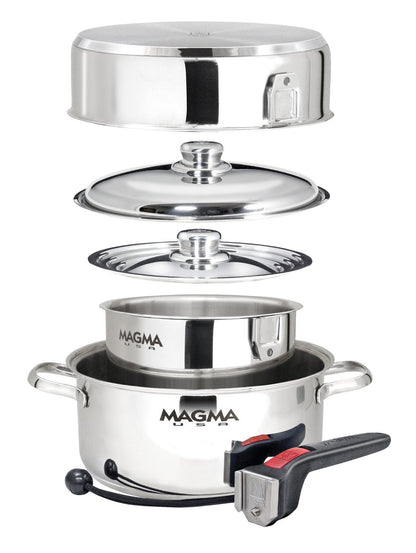 Magma 7 Piece Gourmet Nesting Stainless Steel Cookware Set, Induction Compatible, Oven Safe to 500°F - Suitable for All Stovetops, Removable Handles, Black