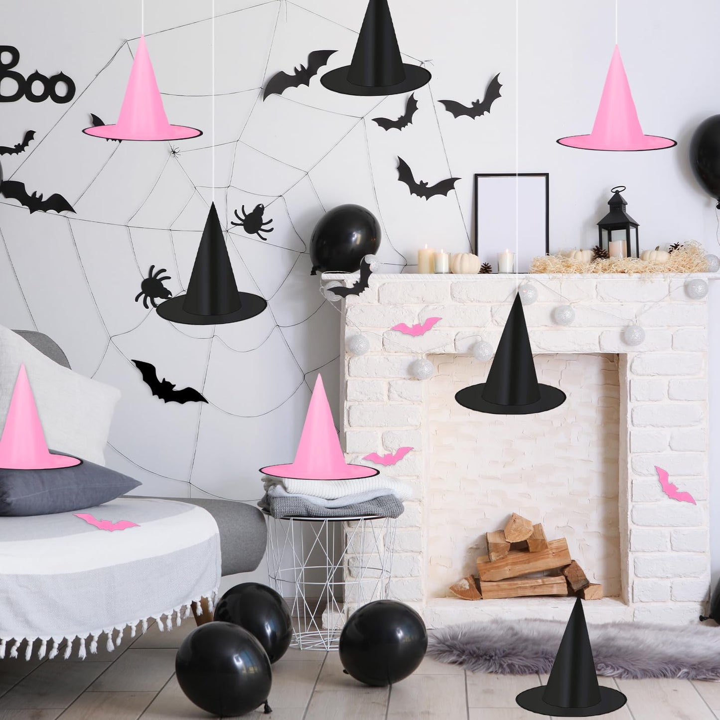 JarThenaAMCS 12Pcs Halloween Witch Hats with 16Pcs 3D Bat Stickers 109 Yard Hanging Rope Pink Black Hanging Witch Caps for Home Party Decoration