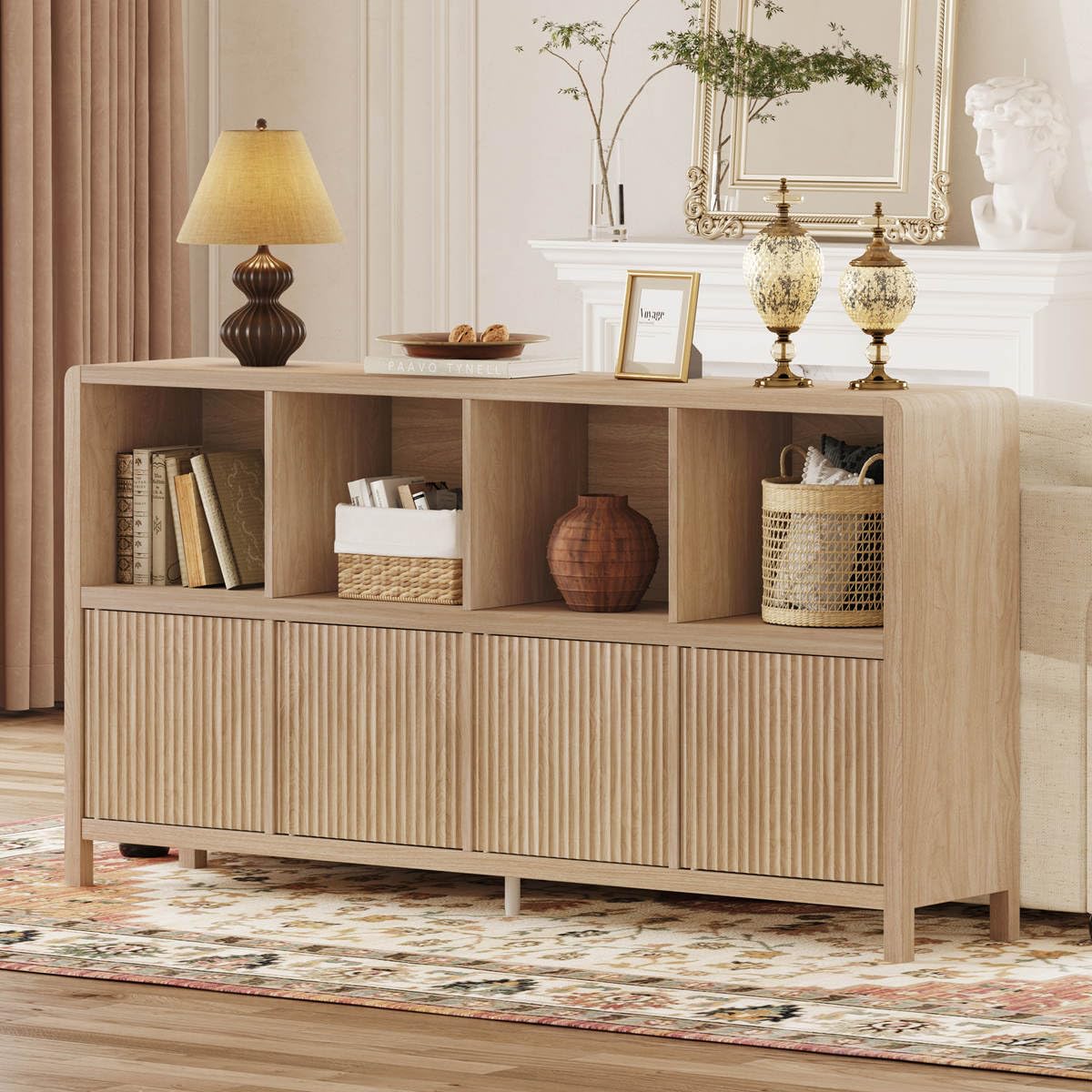 FATORRI 8 Cube Bookshelf with 4 Doors, Modern Mid Century Wood Book Shelf with Storage, Low Horizontal Cubby Bookcase for Home Office (Light Walnut)