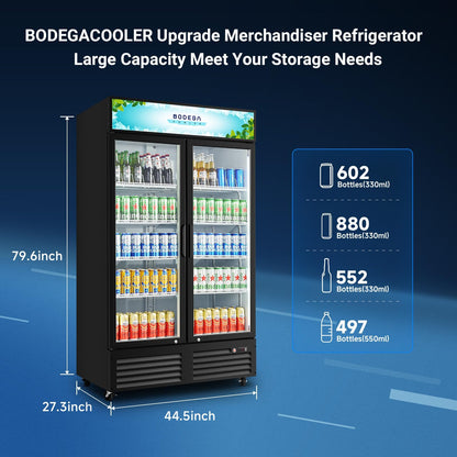 BODEGA BODEGACOOLER 35.4 Cu. Ft Commercial Beverage Refrigerator, 2 Glass Door Merchandiser Cooler Display Refrigerator with LED Lighting, Adjustable Shelves, Temperature Control and Casters, Black