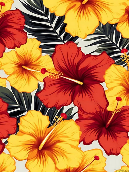 TUTUMAY21 Diamond Painting Kits for Adults, Yellow and Red Hibiscus Flowers Diamond Art Paintings Kits for Beginners, 5D Round Full Drill Diamond Painting Kits, for Room Decor Gifts 12x16 inch