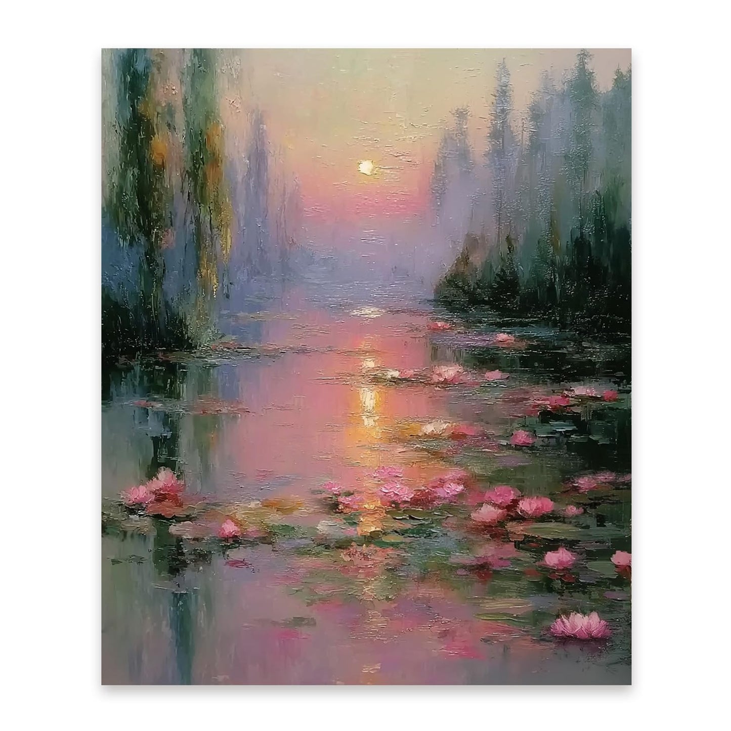 FOPENEM Pink Pastel Sunset Waterlily Landscape Diamond Painting Kit for Adults Beginners 9.8x11.8 Inch, Romantic Impressionist Lotus Flower Pond Gem Diamond Painting Art Kits for Home Wall Decor