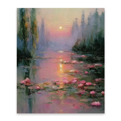 FOPENEM Pink Pastel Sunset Waterlily Landscape Diamond Painting Kit for Adults Beginners 9.8x11.8 Inch, Romantic Impressionist Lotus Flower Pond Gem Diamond Painting Art Kits for Home Wall Decor