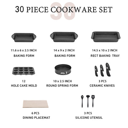 MAISON ARTS 30 Piece Pots and Pans Set Non Stick, Kitchen Cookware & Bakeware Sets with Nonstick Granite Coating, Baking Tray, Frying Pan and Saucepan, Black