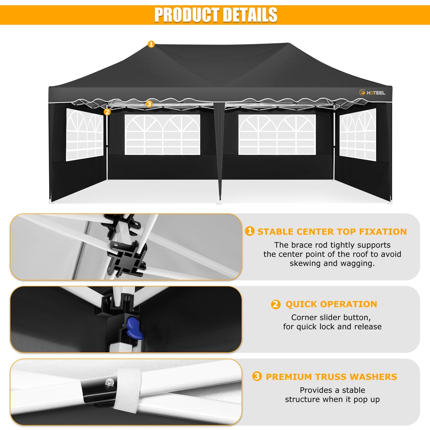 HOTEEL 10x20 Pop Up Canopy with 6 Sidewalls, Easy Setup Party Tent with Wheeled Bag, 4 Weight Bags, Silver Coated Event Shelter for Backyard, Vendor Booths, Black