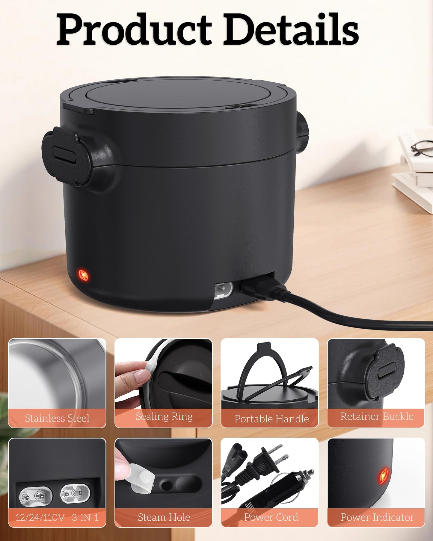 CDBEEE 33oz Electric Lunch Box, 100W Portable Food Warmer Heater, 12V/24V/110V 3-in-1 Lunch Warmer Portable for Work/Office/Car/Travel, Warming Soup & Meal, Spill-Free, Men & Women's Gifts
