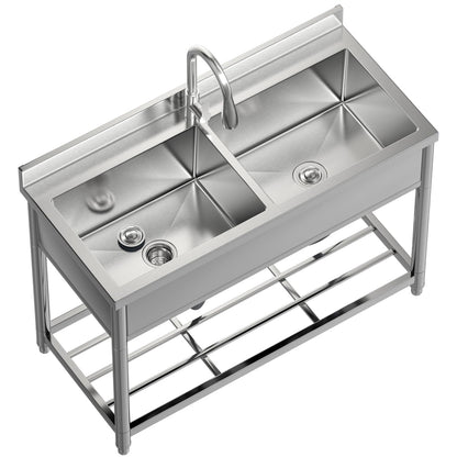 GGW 2-Compartment Commercial Sink, Stainless Steel Utility Sink with Pull-out Faucet, Free Standing Double Bowl Kitchen Sink for Restaurant, Garage, Shop, Cafe, Outoor, 21.7"D x 47.2"W x 37"H