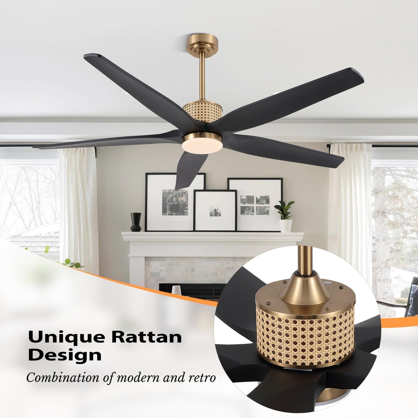 LEDLUX 60" Ceiling Fan with Light – Remote Control, Solid Wood, 6-Speed, Quiet Reversible DC Motor, Black/Gold Finish, 4.5"/12" Downrods, Noiseless Large Ceiling Fan for Bedroom, Living Room, Porch