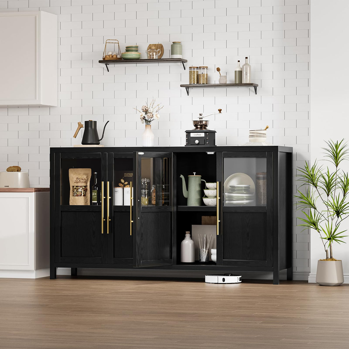 GarveeHome Sideboard Buffet Cabinet with 4 Glass Doors, 55 in Buffet Table Coffee Bar Wine Bar Display Cabinet for Kitchen Dining Room, Living Room (Glass with 4 Doors, Dark)