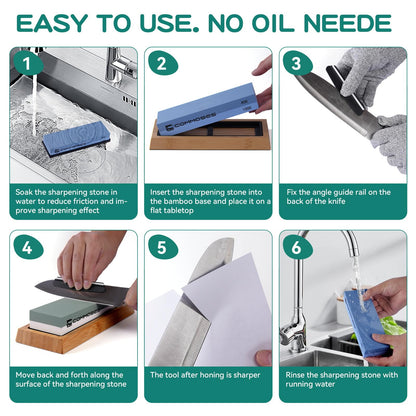 Whetstone Sharpening Stone Knife Sharpener Stone Set: 4 Side 8000|3000 1000|400 in Kitchen With Bamboo Base,Cut Resistant Gloves,Angle Guide,Honing Guide,Flattening Stone,Leather Strop,Rubber pad