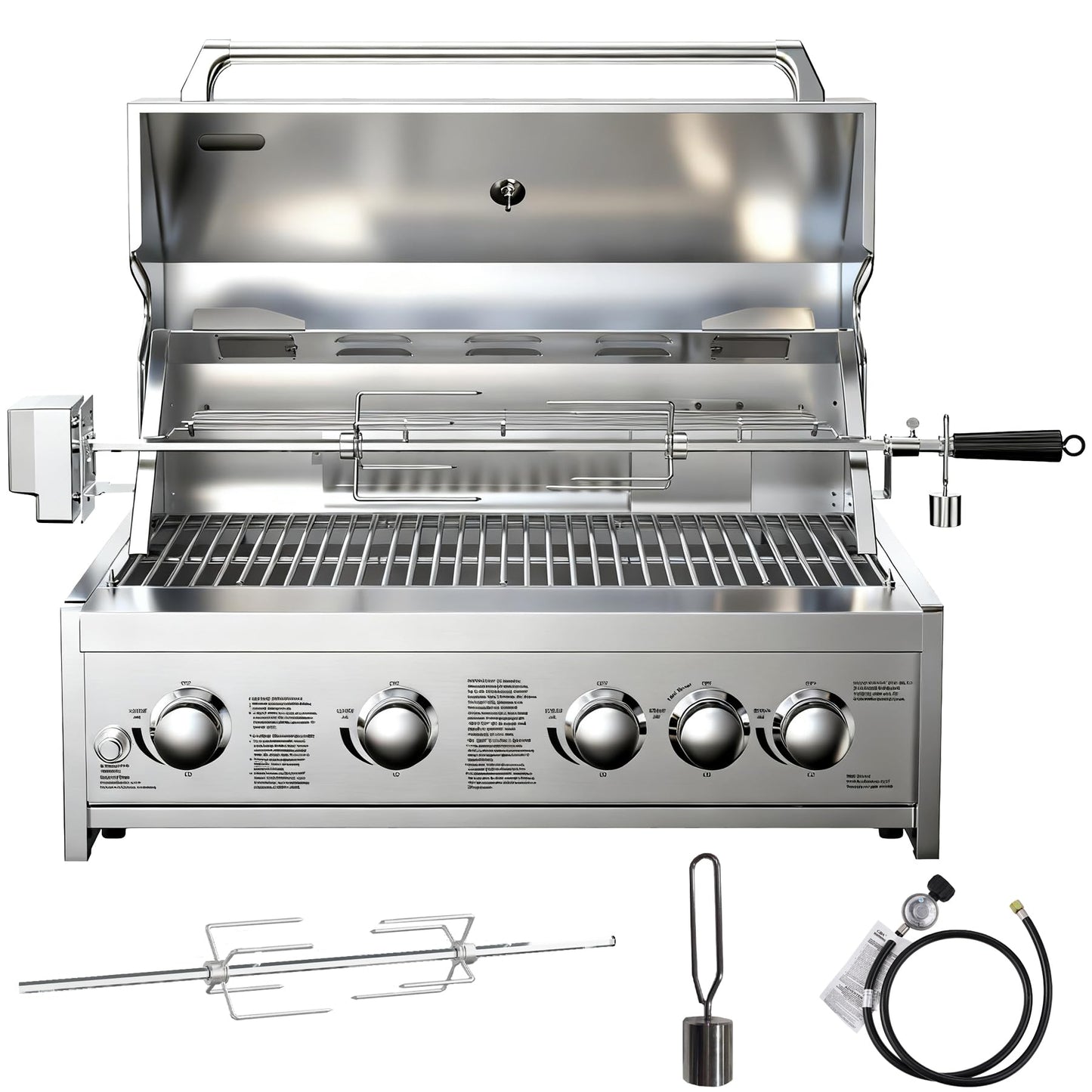 BODEGA 30 Inch Propane Gas Grill, 4x12000-BTU Gas Grill & 1x10000-Infrared Back Burner, Stainless Steel 5-Burner Propane Grill for Outdoor Kitchen, Rotisserie Chicken Fork Kit | Backyard BBQ, Camping.