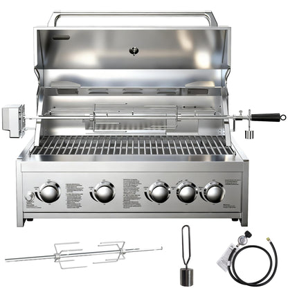 BODEGA 30 Inch Propane Gas Grill, 4x12000-BTU Gas Grill & 1x10000-Infrared Back Burner, Stainless Steel 5-Burner Propane Grill for Outdoor Kitchen, Rotisserie Chicken Fork Kit | Backyard BBQ, Camping.