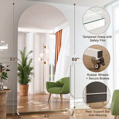 80” x 40” Arched Full Length Rolling Floor Mirror on Lockable Wheels, Large Whole Body for Home Gym & Dance Studio, Shatter-Resistant Tempered Safety Glass, 360° Swivel, White Metal Frame and Stand