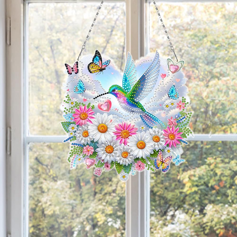 C'eitura Daisy Flowers Hummingbird Cloud Acrylic Special Shape Diamond Art Painting Hanging Pendant Kit - DIY Window Suncatcher for Home Wall Decor, Sparkling Garden Craft