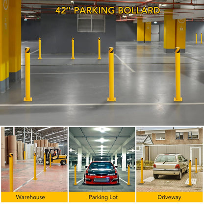4-Pack 42 Inch Steel Safety Bollards, 4.5 Inch Diameter Parking Bollard Post with 16 Anchor Bolts, Yellow Safety Steel Bollard Post for Driveway Barrier, Traffic Control & Storefront Protection