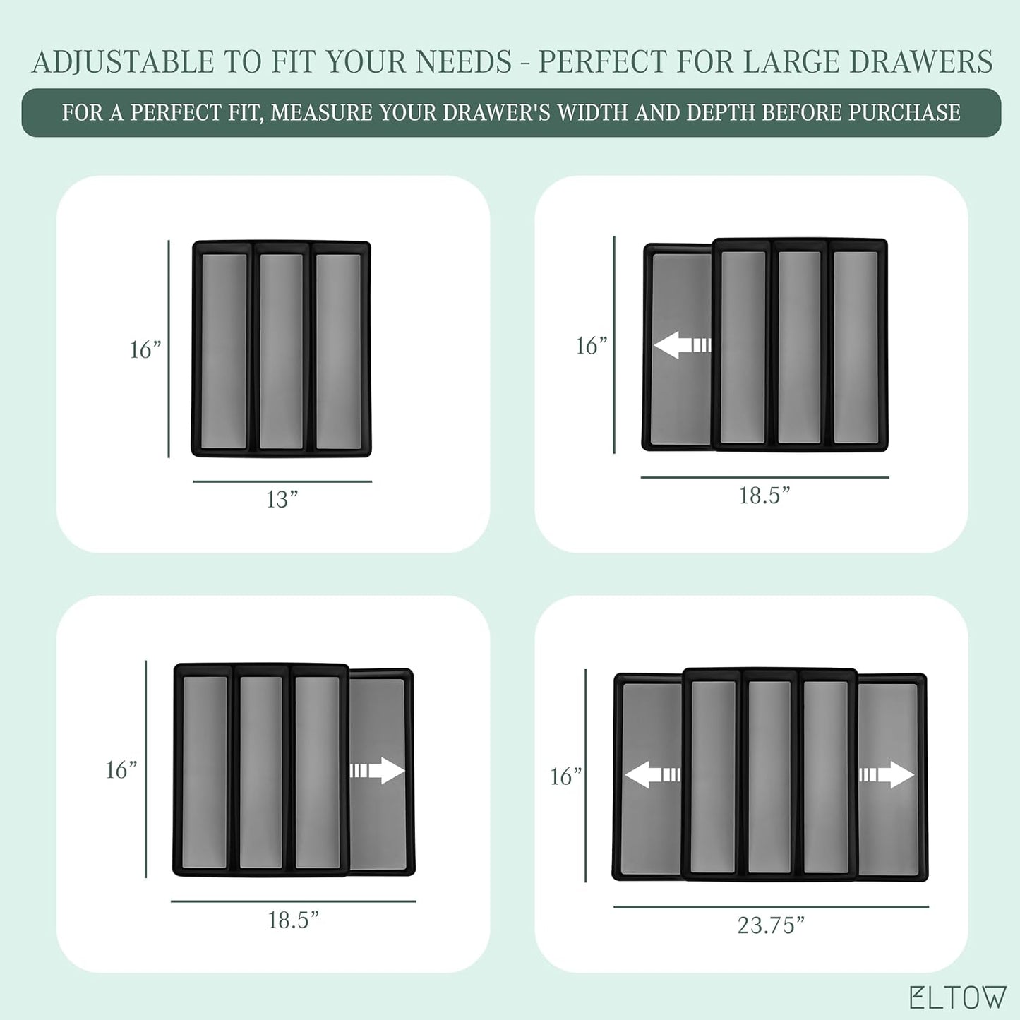 ELTOW Expandable Utensil Drawer Organizer, 5 Compartment Non-Slip & Adjustable Large Tray for Kitchen Drawers, Black