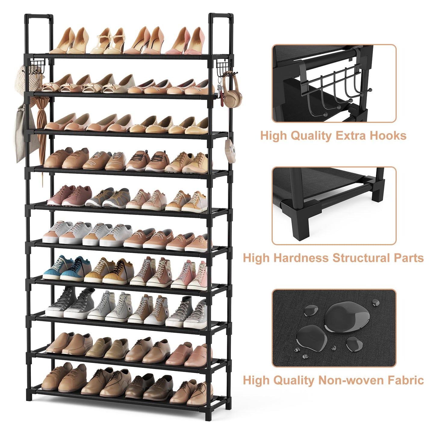 VTRIN 10 Tier Shoe Rack Tall Large Capacity Wide Shoe Organizer with Two Hooks Sturdy Metal Shoe Shelf for Entryway, Closet, Bedroom