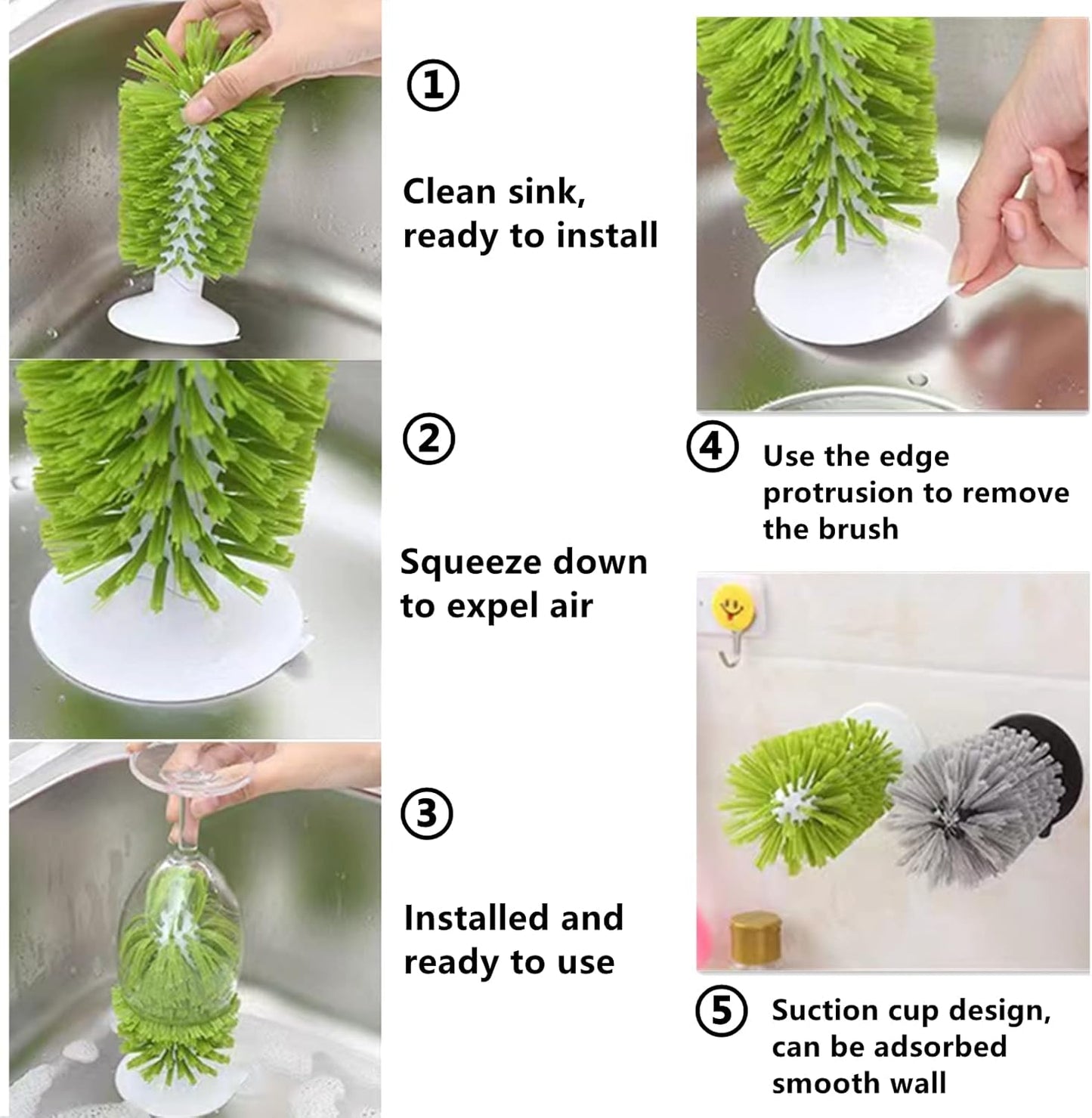 2PCS Glass Cleaning Brush with Suction Cup, Kitchen Bottle and Wine Cup Cleaner, Stable Washing for Cups, Mugs, Jugs -