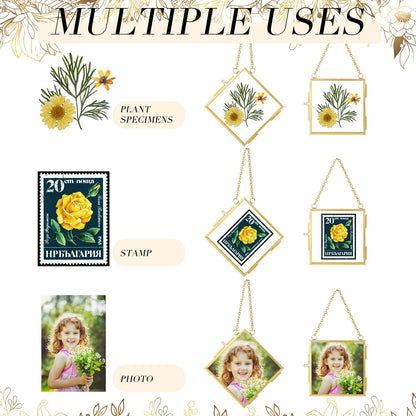 DoubleFill 12 Pcs Hanging Clear Photo Frame Double Glass for Pressed Flower Floating Frame with Chain Display Gallery Artwork Horizontal Vertical Gold Metal Rectangle Wall Decor(3 x 3 Inch)