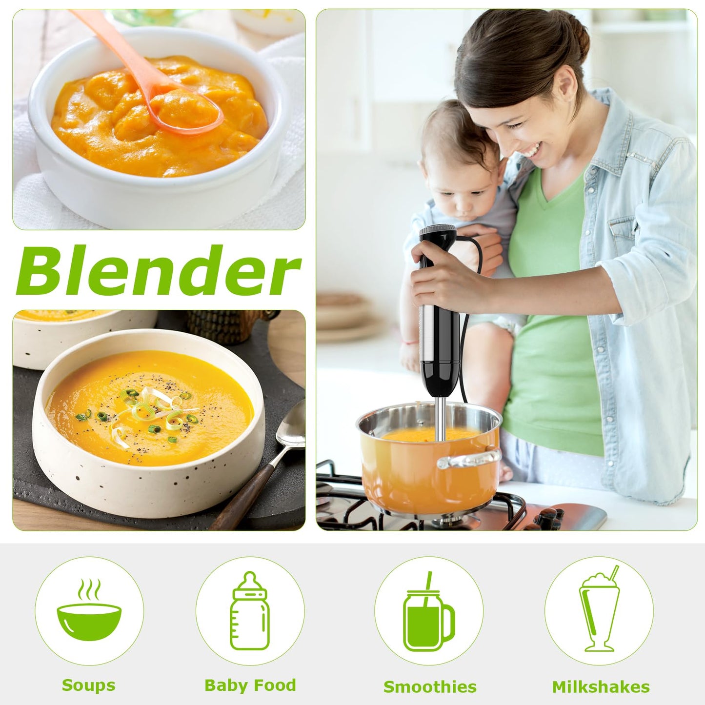 Bonsenkitchen Immersion Blender Handheld with Food Processor, 20 Speeds Hand Blender with Turbo Mode, Stainless Steel Blade, Egg Whisk, Beaker & Chopper Bowl, Hand Mixer for Smoothie, Soup, Baby Food