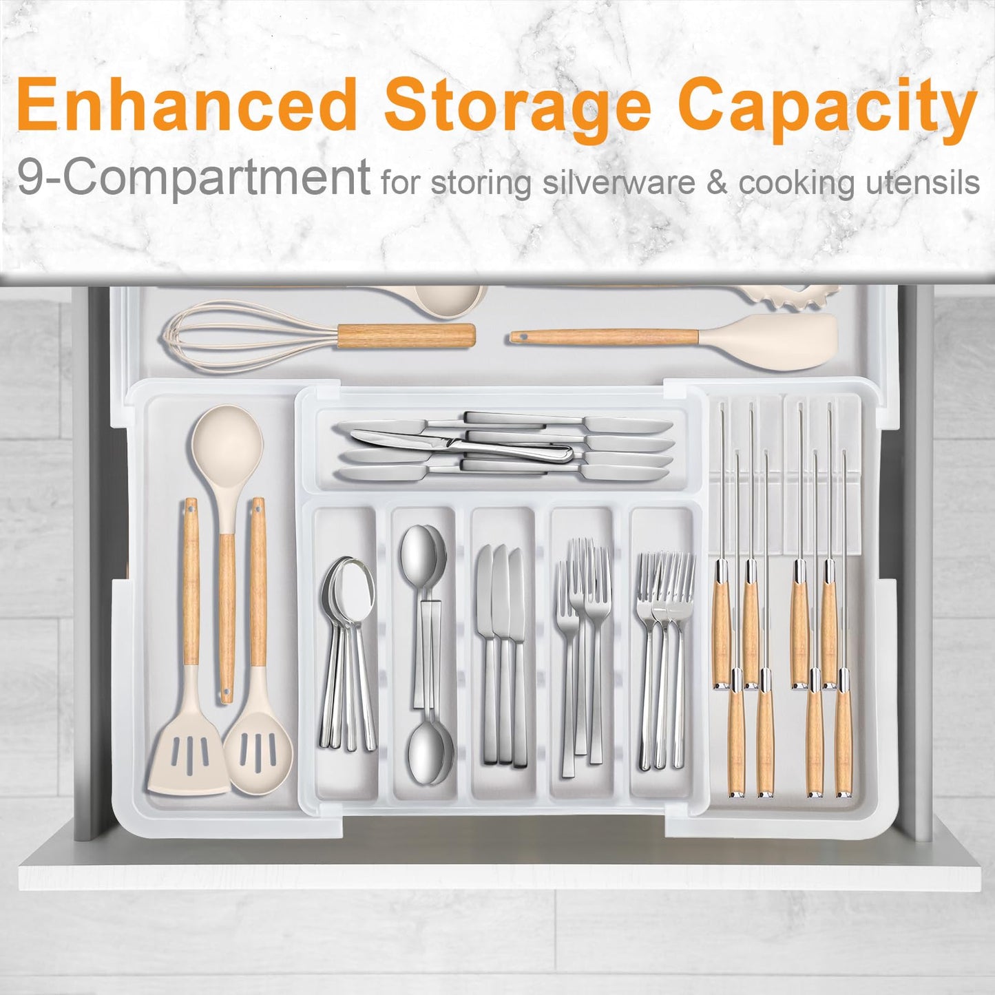 Homecor Silverware Organizer - Expandable Large Kitchen Drawer Organizer Utensil Organizer with 2 Removable Knife Blocks, 22"x 19"Cutlery Tray Drawer Dividers for Kitchen Flatware(6-9 Slots) (Black)