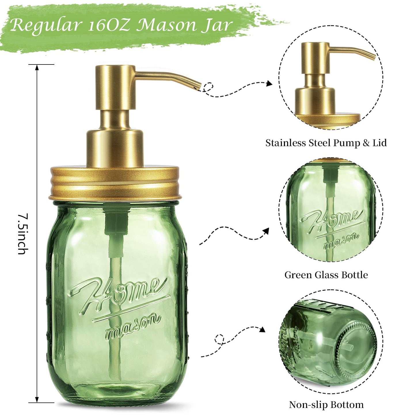 Amolliar Mason Jar Liquid Soap Dispenser, 16OZ Green Glass Hand Soap Holder, Stainless Steel Pump Lid, Refillable Lotion Dispenser, Countertop Bathroom Accessories, Kitchen Dish Soap (2 Pack, Gold)