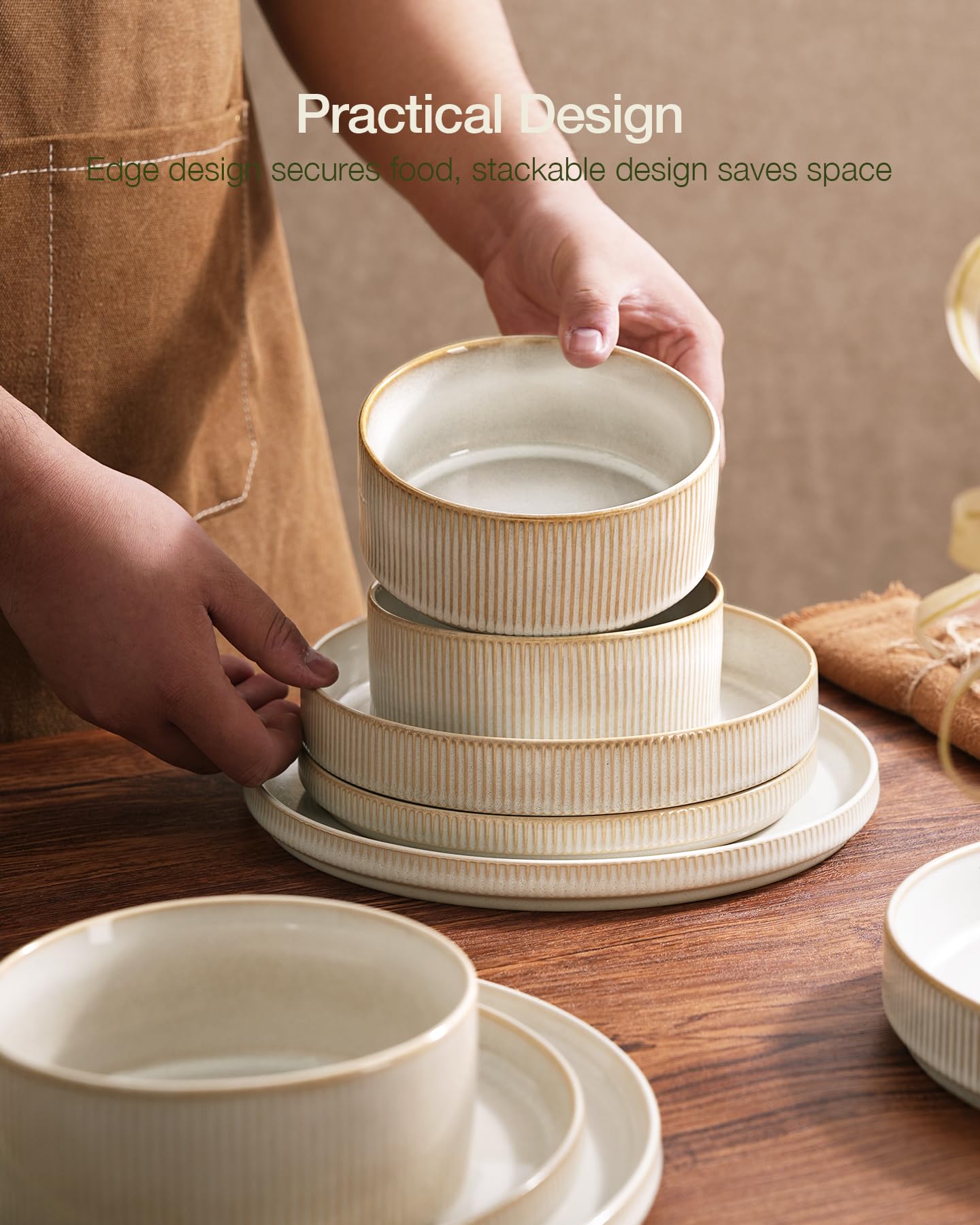 Famiware Star Dinnerware Sets, Plates and Bowls Set for 4, 12 Pieces Ribbed Dishes - Chip and Scratch Resistant, Microwave and Dishwasher Safe Tableware, Cappuccino White