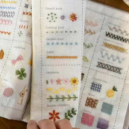 trumpisame DIY Embroidery Stitch Practice Book Kit - Learn 106 Stitches Manual, 86Pcs Complete Starter Set with Magnifier, Metal Thimble, Pre-Printed Linen Pages&106 Floral Patterns