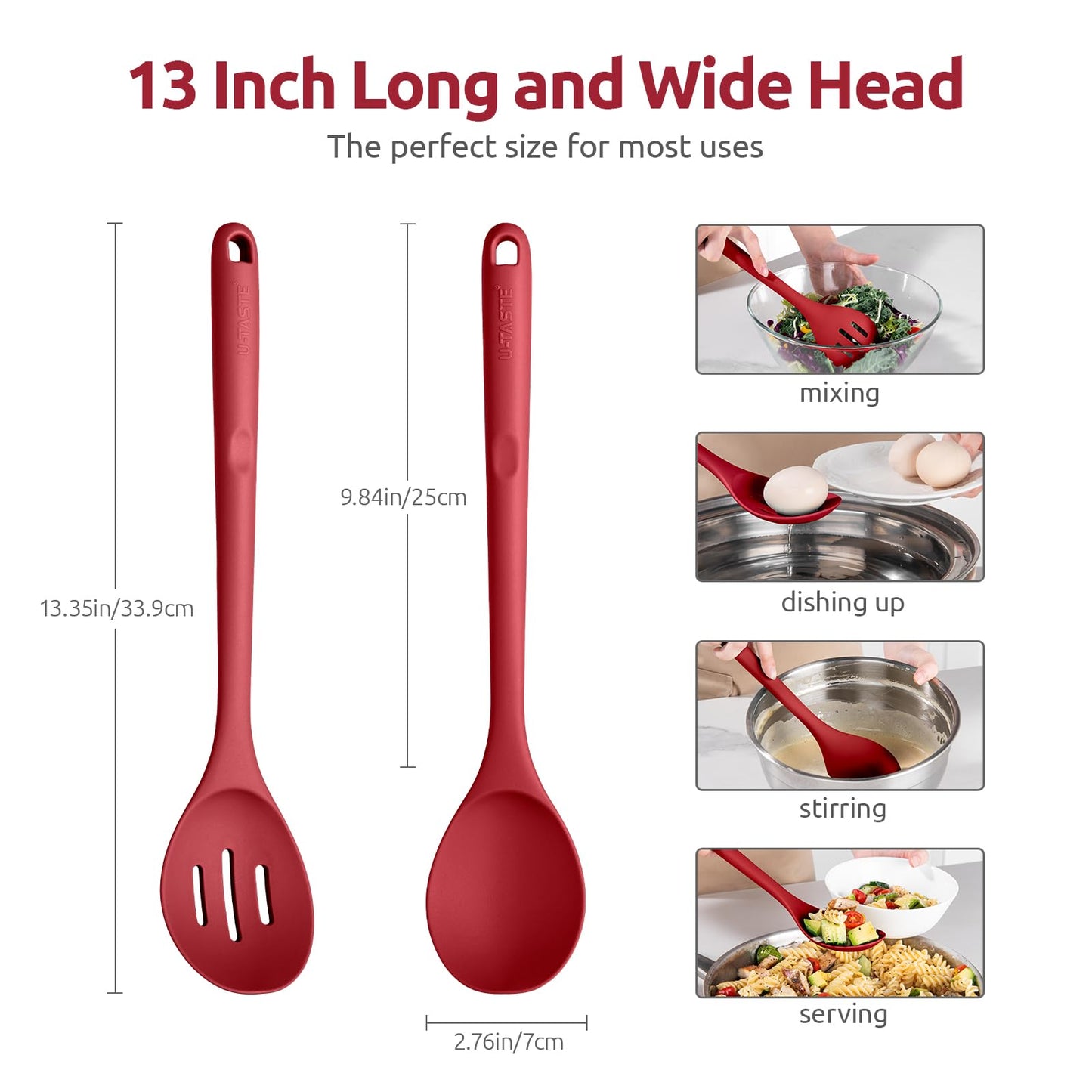 600ºF Heat Resistant Silicone Spoons: U-Taste 13.3in Solid & Slotted Kitchen Cooking Spoon, Nonstick Long Rubber Utensil, Sturdy for Mixing, Serving, Stirring, Frying, Draining (Red, 2PCS)
