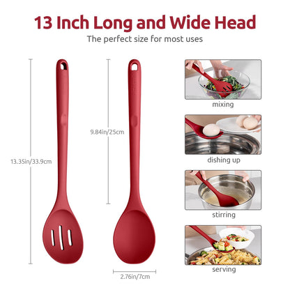 600ºF Heat Resistant Silicone Spoons: U-Taste 13.3in Solid & Slotted Kitchen Cooking Spoon, Nonstick Long Rubber Utensil, Sturdy for Mixing, Serving, Stirring, Frying, Draining (Red, 2PCS)